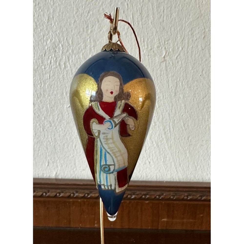Pier 1 Blue & Gold‎ Angel 2000 Painted Li Bien Glass Christmas Ornament  4.5" H